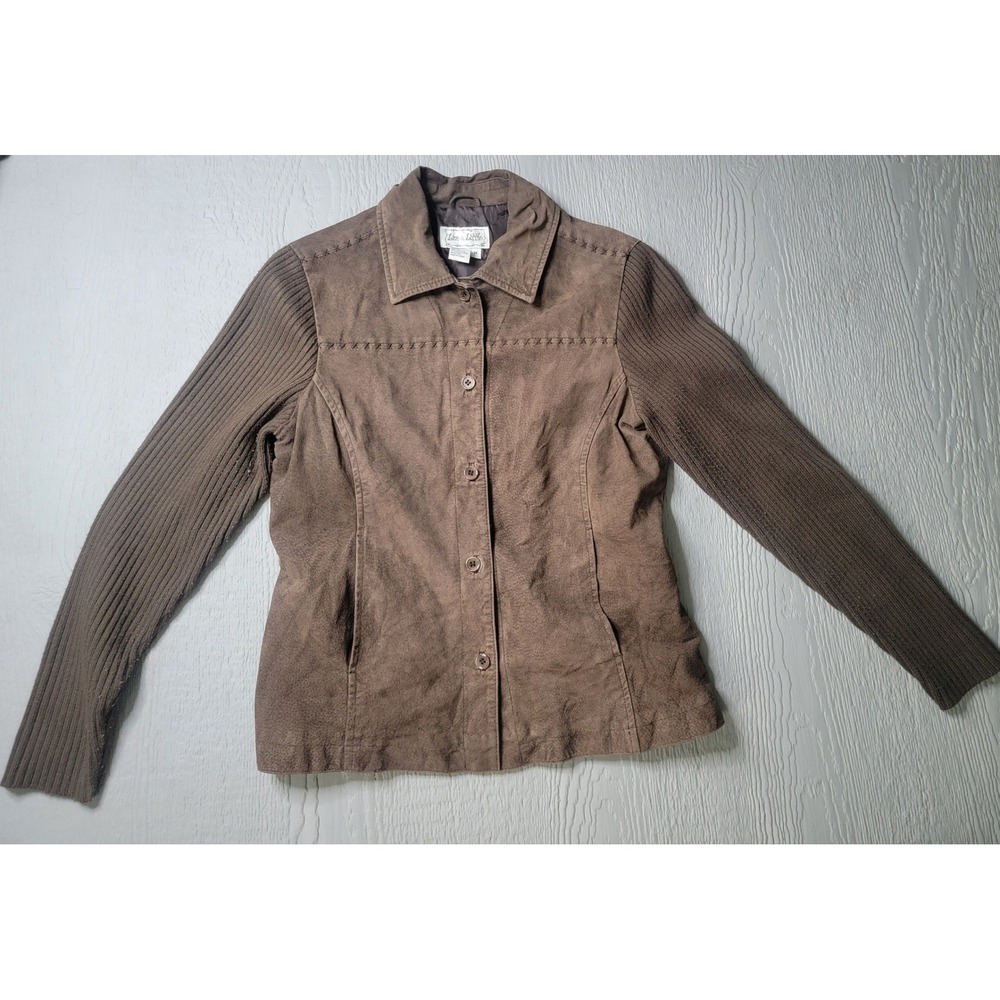 Live A Little Brown Suede Leather Jacket Ribbed Knit Sleeve Women Medium